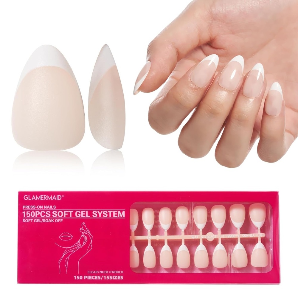 French Tip Nude Pink And White Short Almond Press On Nails